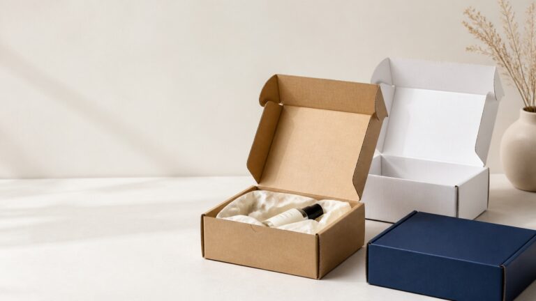 Custom mailer boxes for ecommerce in kraft, white and navy corrugated board