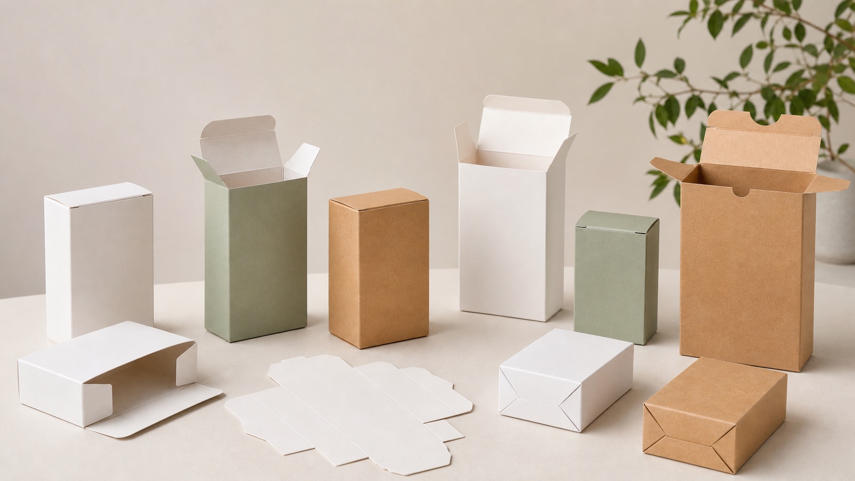 Custom foldable paperboard cartons in tuck-end and auto-bottom styles