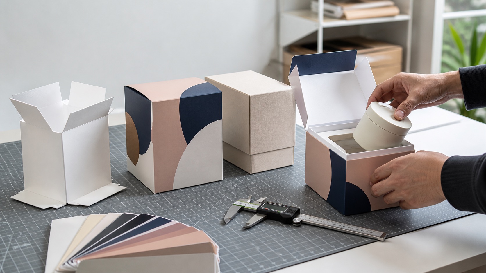 Custom packaging prototypes being measured and test-fitted with a product