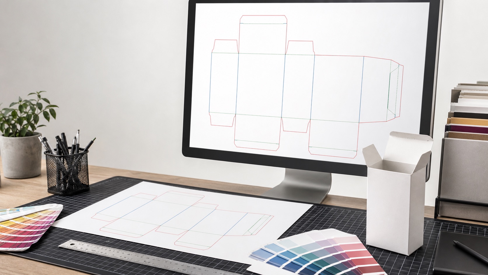 Carton box design dieline with cut, crease and artwork layers