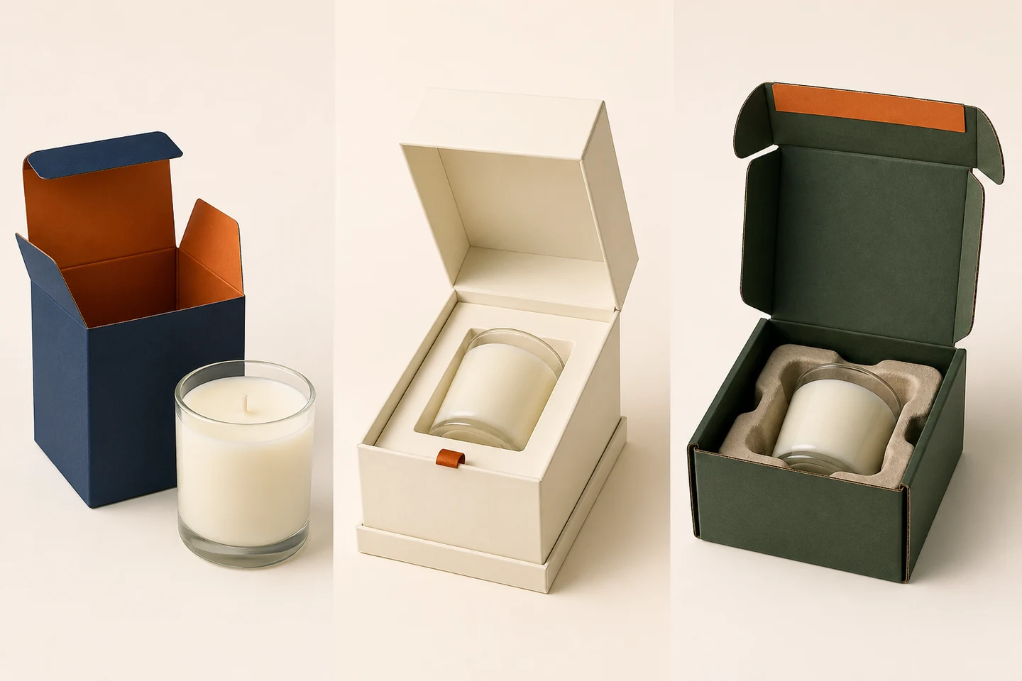 Custom Candle Packaging Boxes in three product-specific packaging structures
