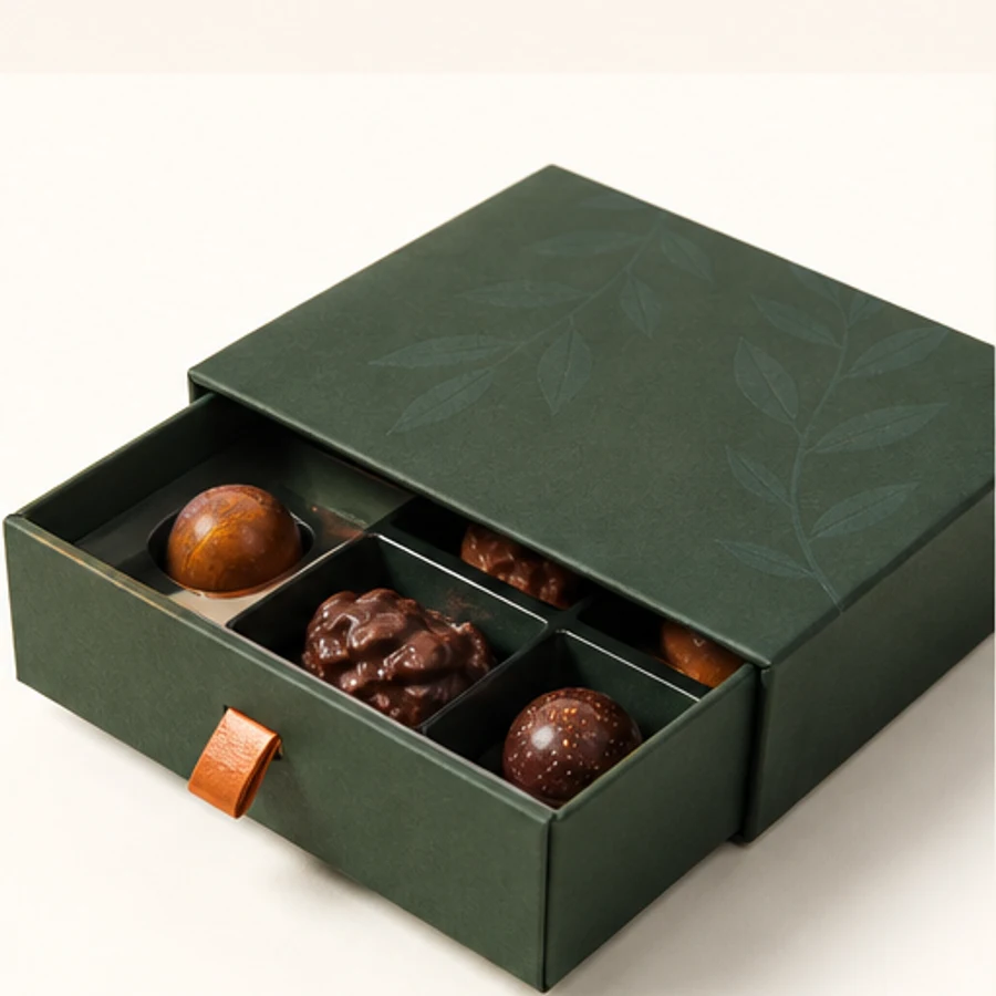 Drawer chocolate box for controlled product reveal