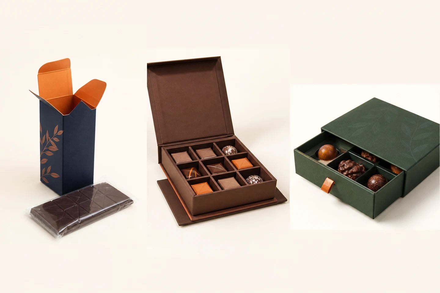 Custom Chocolate Packaging Boxes in three product-specific packaging structures