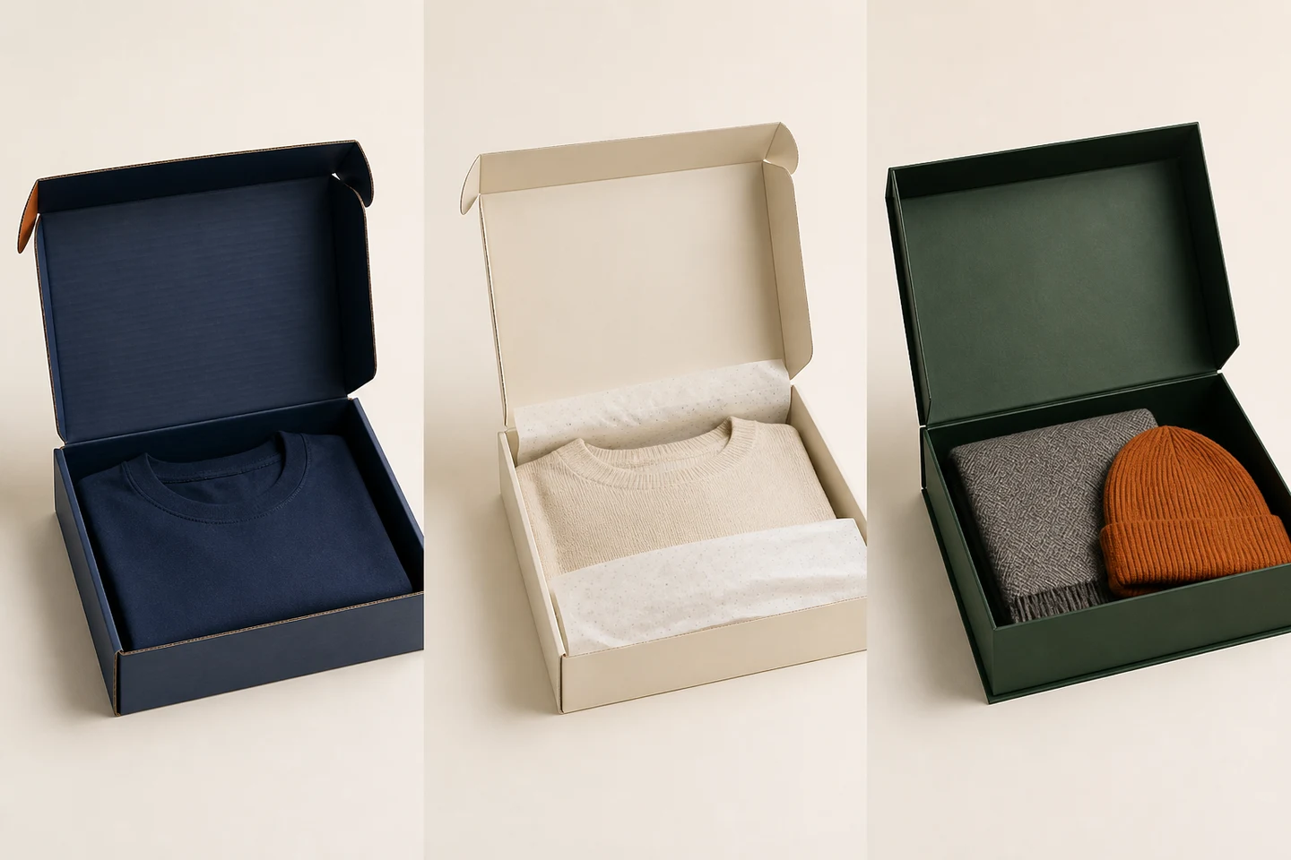 Custom Clothing Packaging Boxes in three product-specific packaging structures