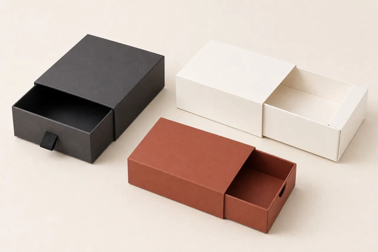 Custom rigid and folding paperboard drawer boxes in three configurations