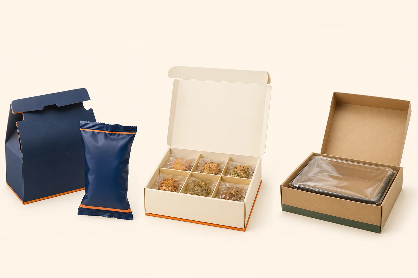Custom Food Packaging Boxes in three product-specific packaging structures