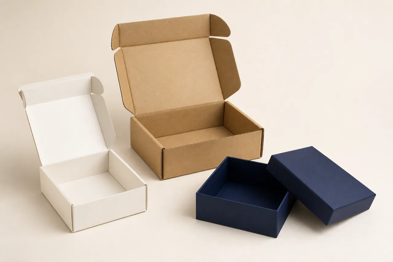 Custom folding, corrugated mailer and rigid lid-and-base gift boxes