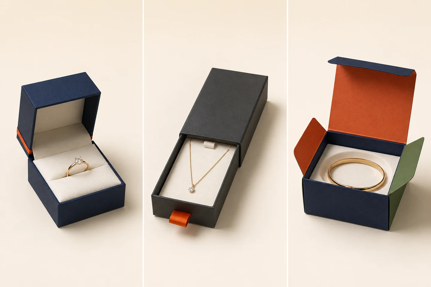 Custom Jewelry Packaging Boxes in three product-specific packaging structures
