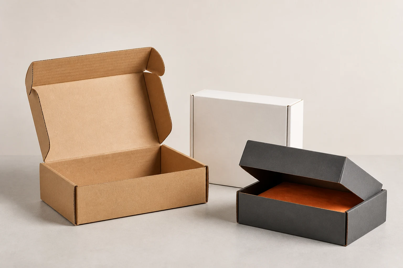 Kraft, white and graphite custom corrugated mailer boxes
