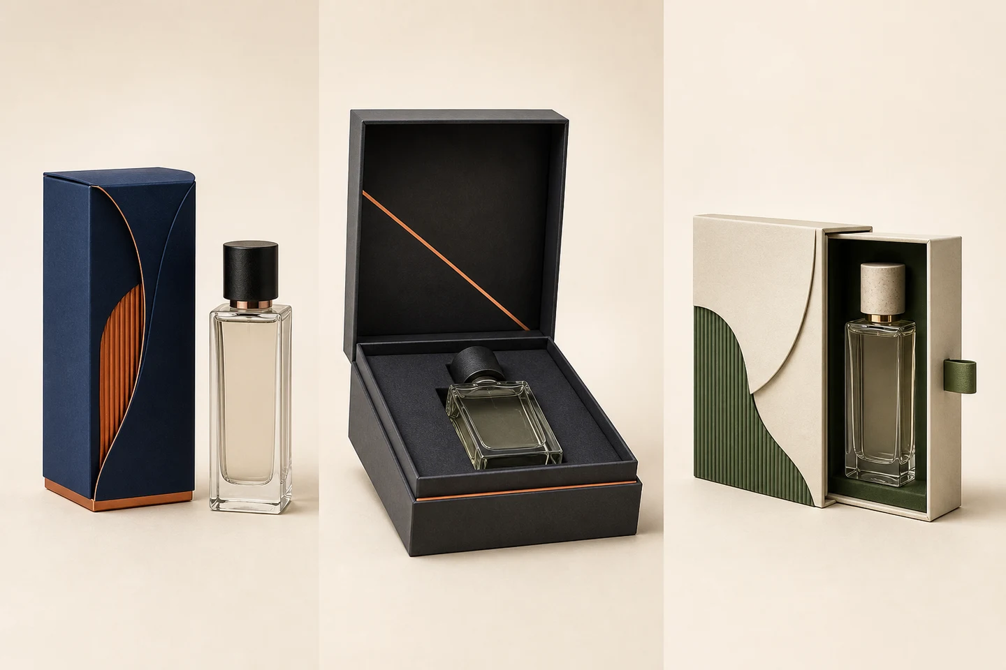 Custom Perfume Packaging Boxes in three product-specific packaging structures