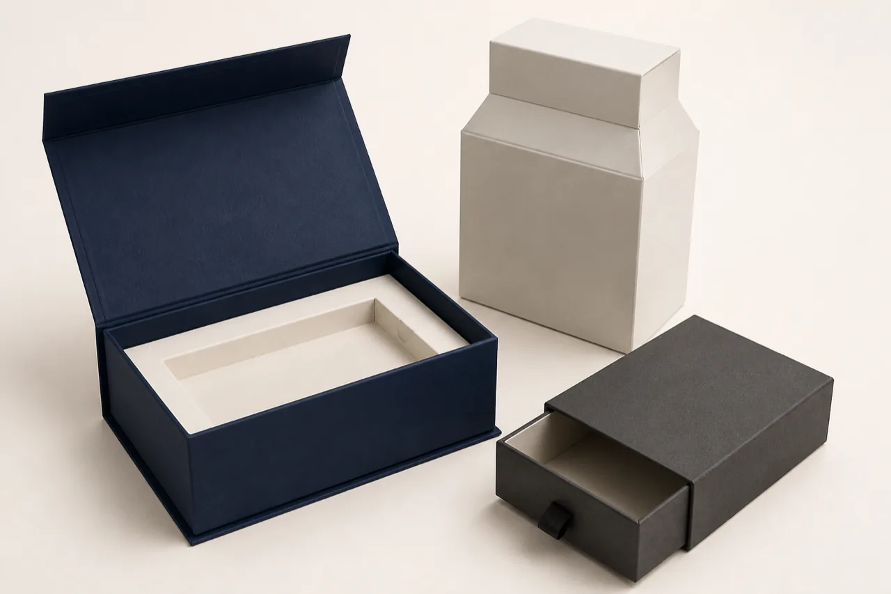 Custom rigid boxes in lid-and-base, shoulder-neck and drawer structures