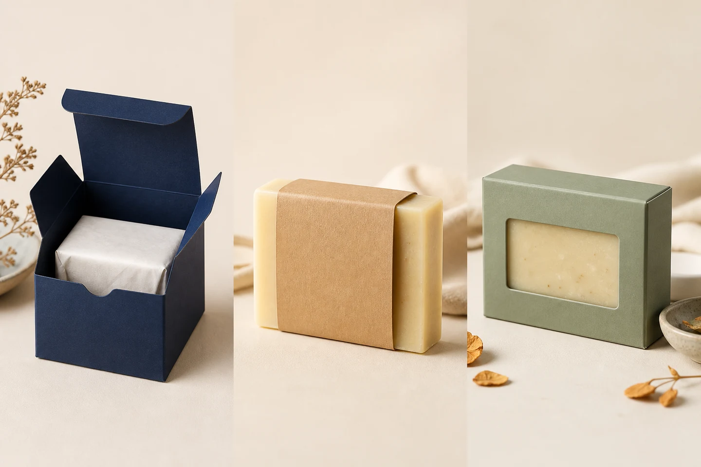 Custom Soap Packaging Boxes in three product-specific packaging structures