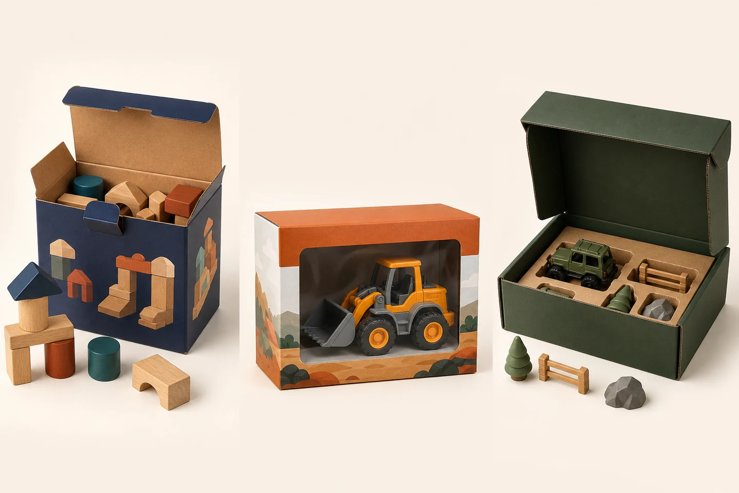 Custom Toy Packaging Boxes in three product-specific packaging structures