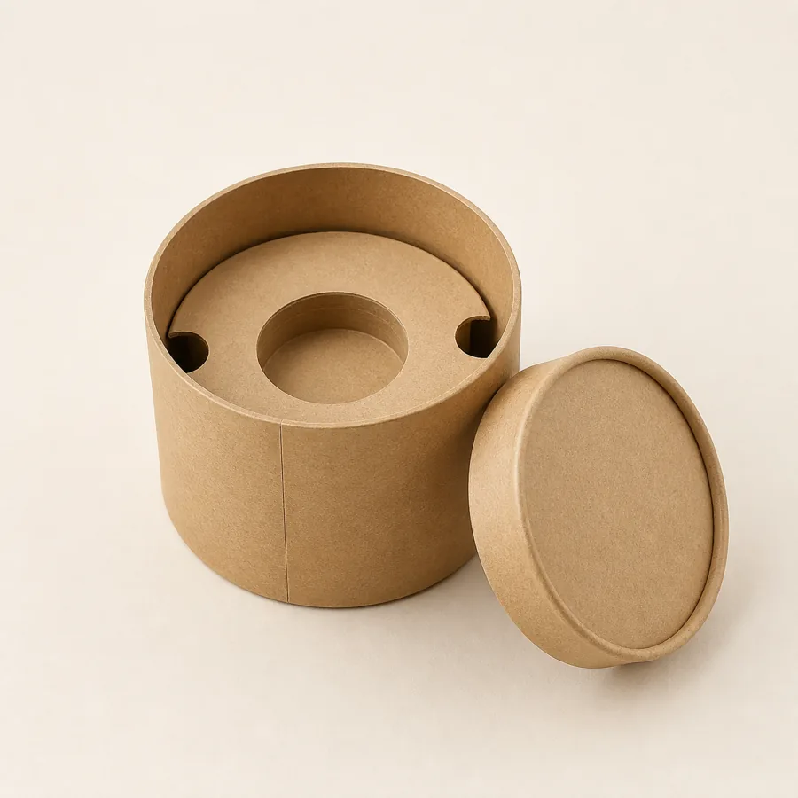 Natural kraft cylinder box with fitted paperboard insert and finger notches
