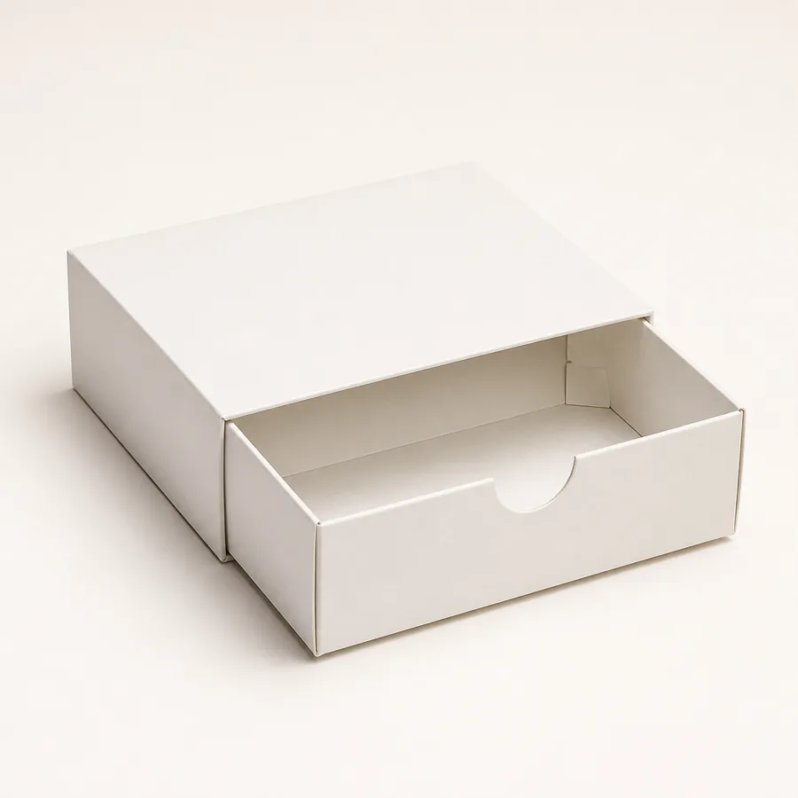Warm white folding paperboard drawer box with thumb notch