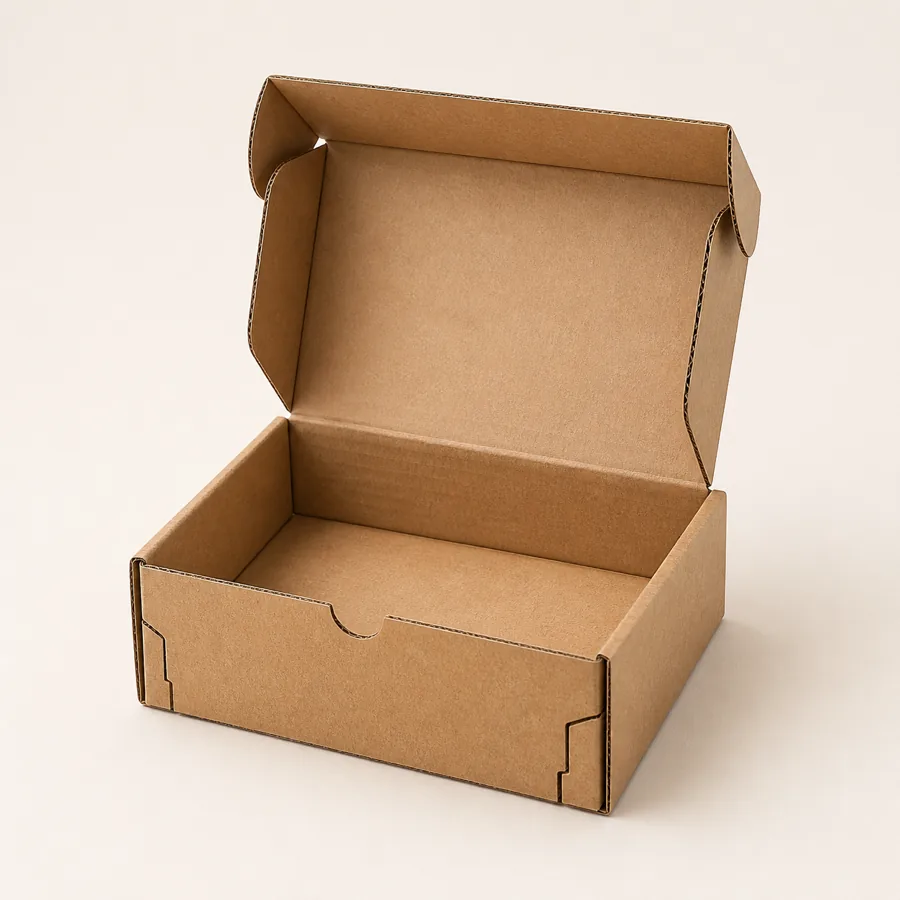 Open kraft front-tuck corrugated mailer box with locking tabs