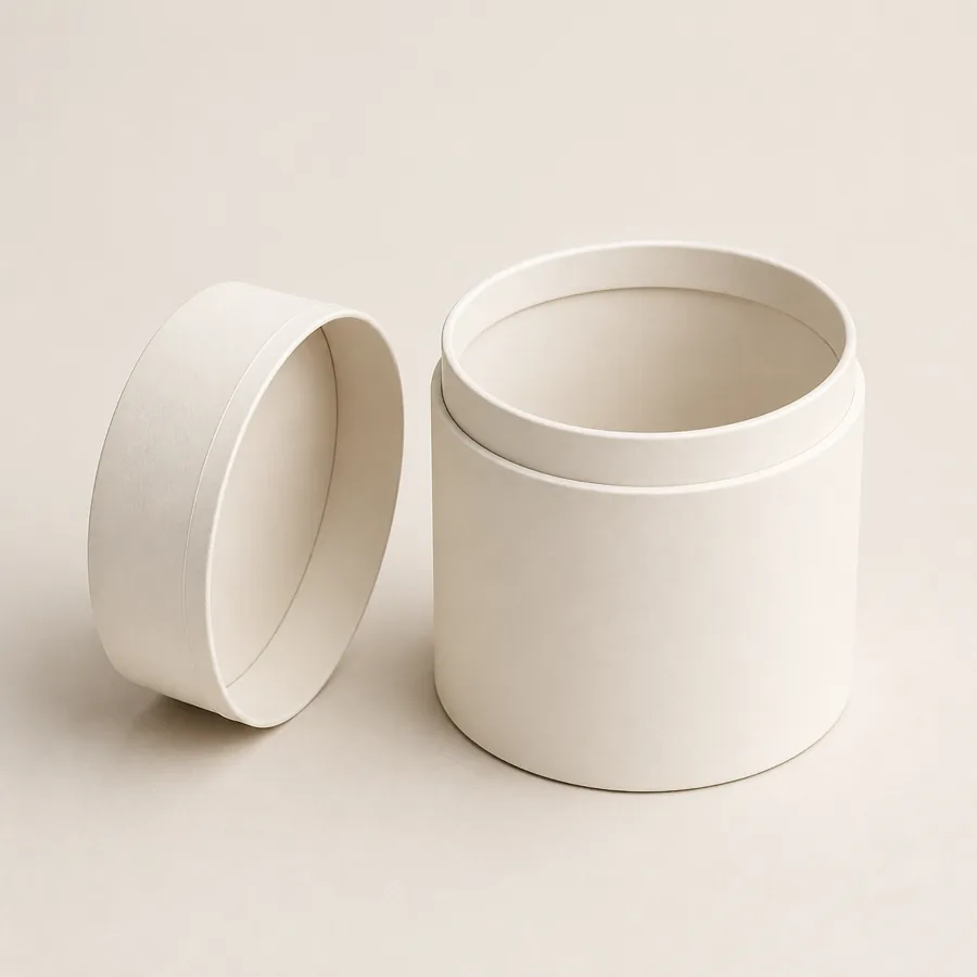 Open warm white shoulder-neck cylinder box with fitted lid