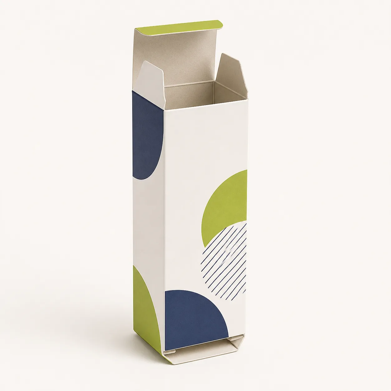 Custom printed straight tuck end paperboard box with open flap