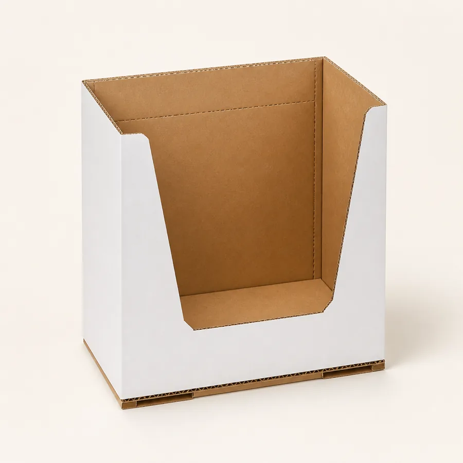 White corrugated tear-away display shipper with natural kraft interior