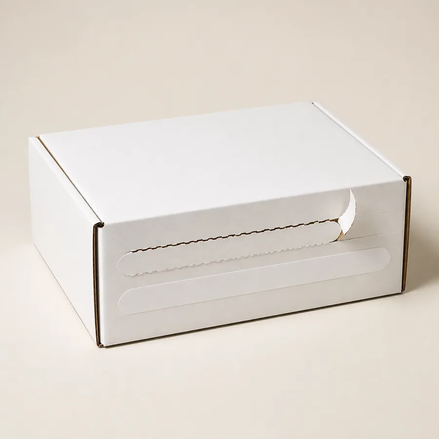 White corrugated ecommerce mailer box with tear strip and return seal