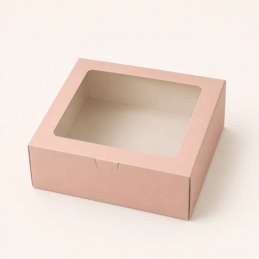 Muted blush pastry box with clear top window and front tuck closure