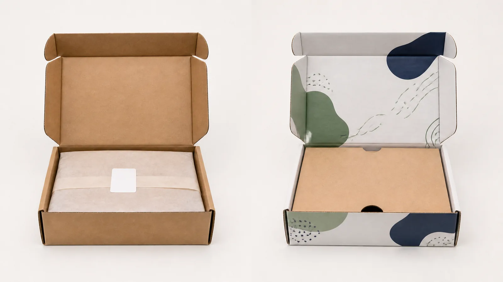 Stock kraft box with a label beside a fitted custom printed box for a small-business packaging comparison.