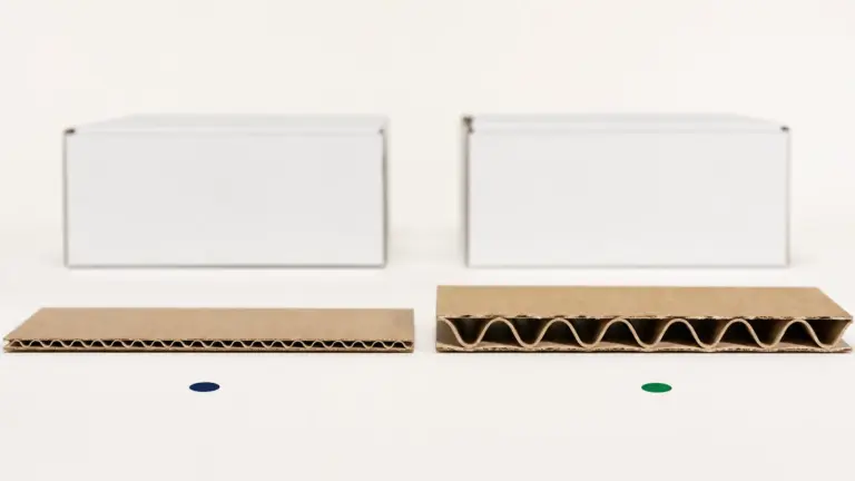 E-flute vs B-flute corrugated board shown in side-by-side cutaway beside two packaging prototypes.