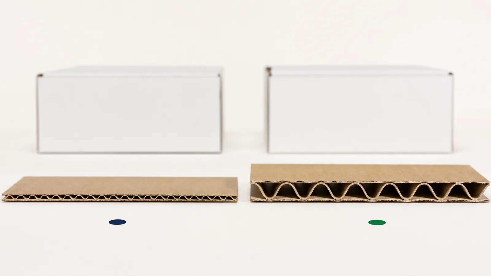E-flute vs B-flute corrugated board shown in side-by-side cutaway beside two packaging prototypes.