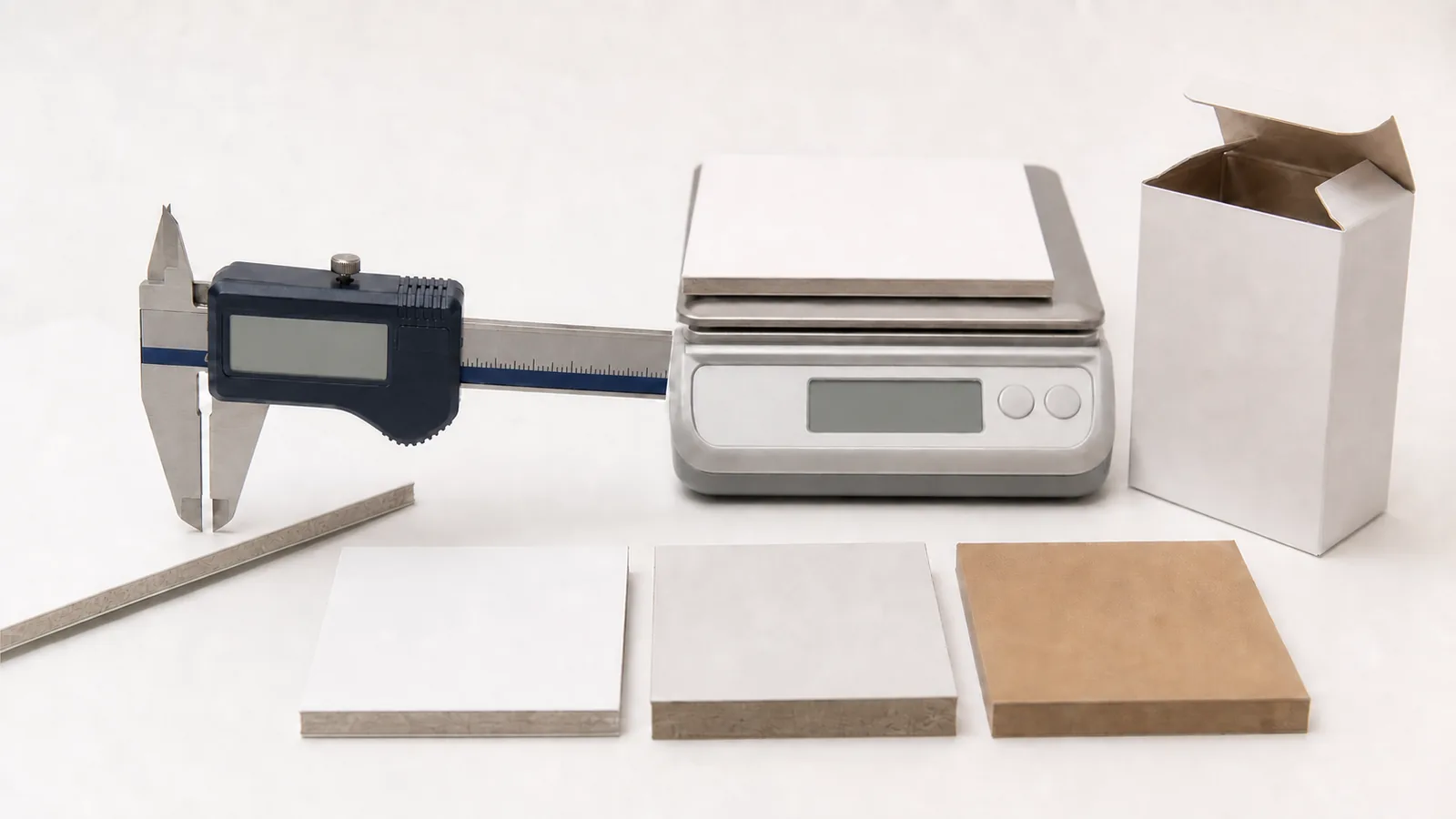 GSM vs PT paperboard comparison with a scale, caliper and three board samples of different density.