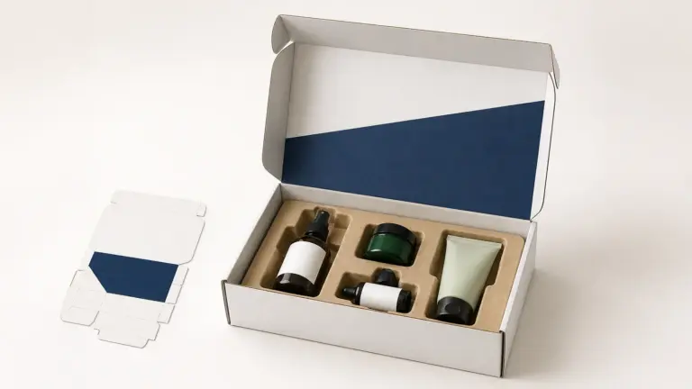 Open custom mailer box showing a restrained printed interior and unprinted protective insert.
