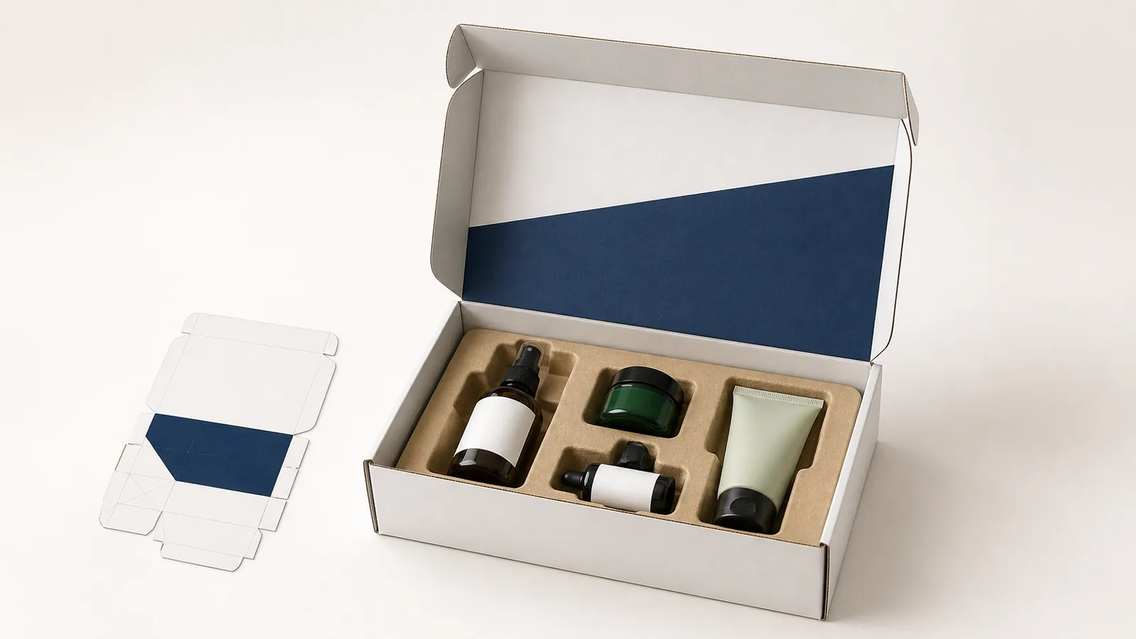 Open custom mailer box showing a restrained printed interior and unprinted protective insert.