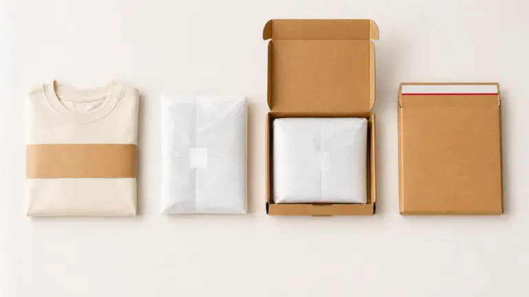 Folded shirt prepared for shipping with a paper band, protective inner wrap and right-sized corrugated mailer.