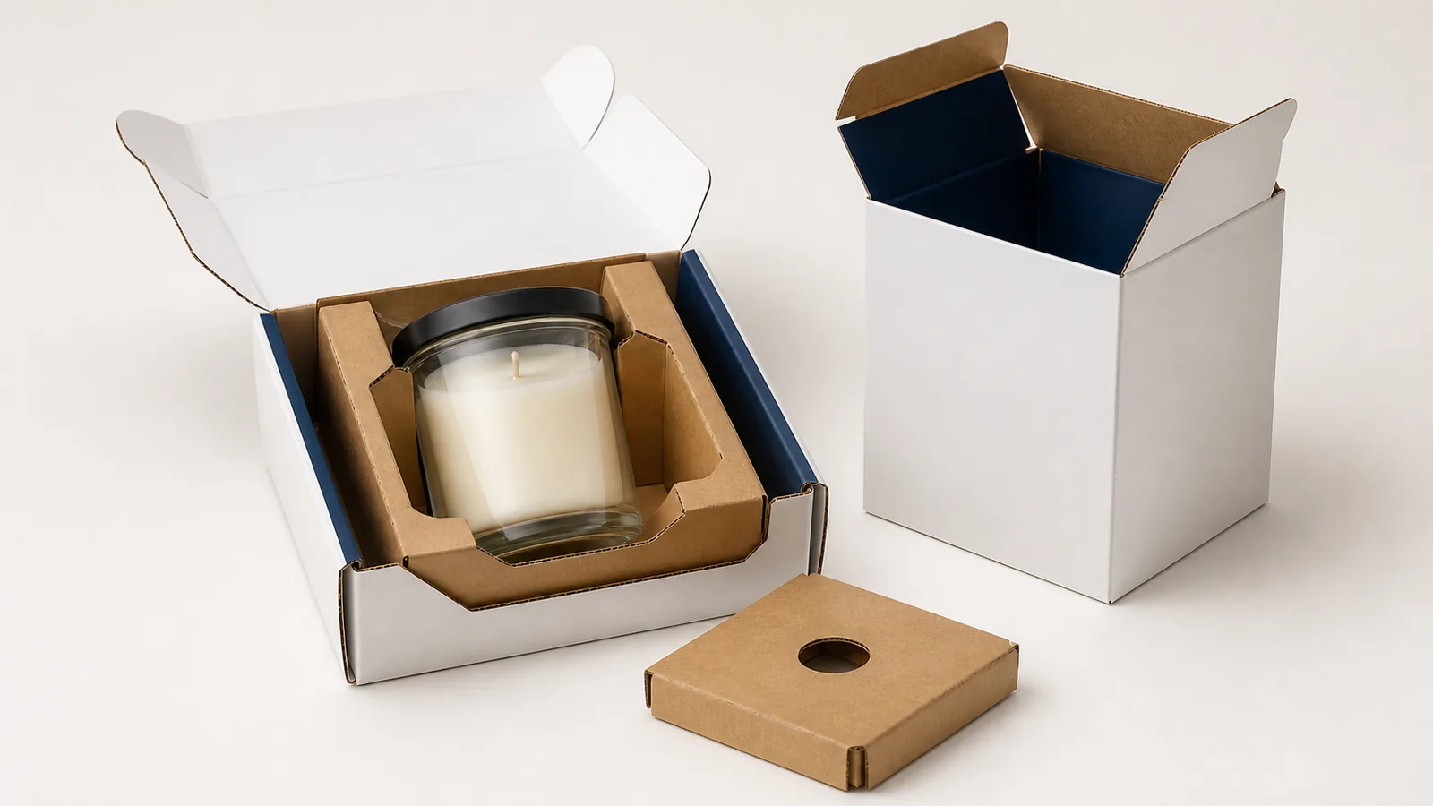 Glass jar candle secured in a corrugated shipping box with a fitted paperboard insert and top pad.