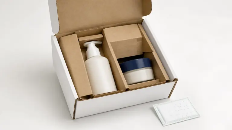 Filled skincare bottle and jar secured upright in a paperboard insert inside a corrugated shipping mailer.