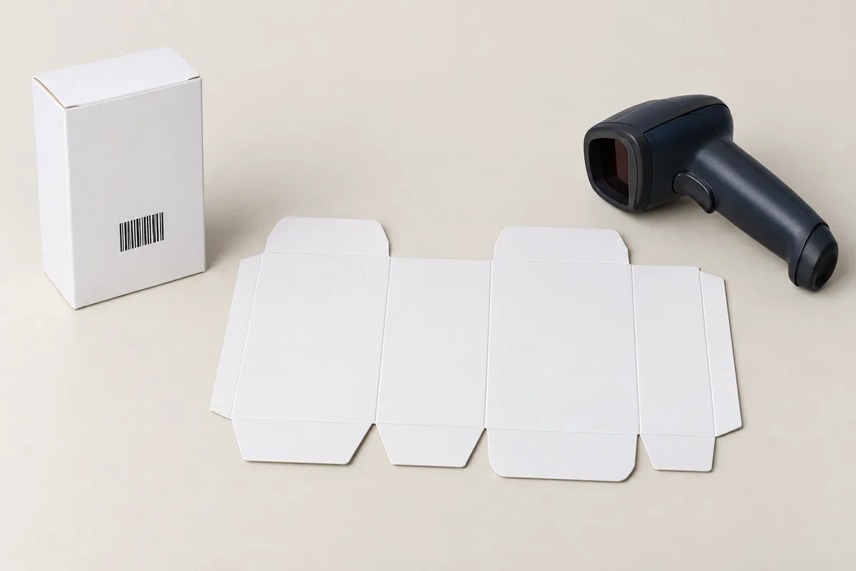 White carton with a bar-pattern symbol beside an unfolded carton blank and a handheld scanner.