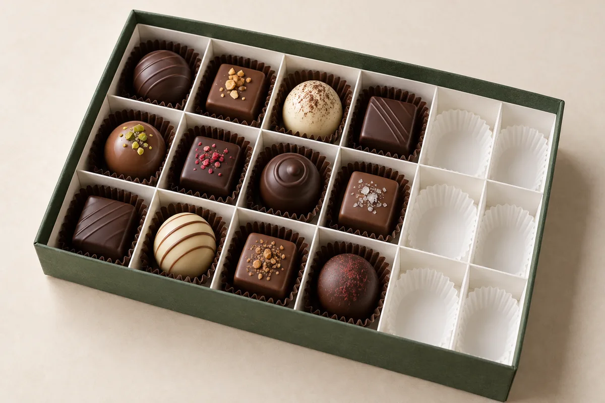 Round and square chocolates in paper cups within a white divider grid, with empty cups along one side.