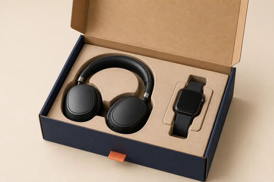 Electronics gift box with headphones and a smartwatch in a fitted insert
