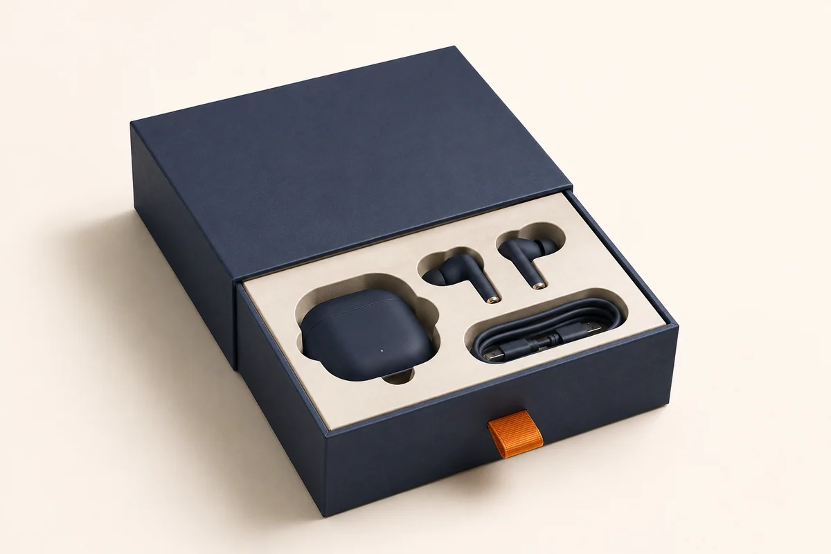 Rigid electronics drawer box for earbuds and premium launch sets
