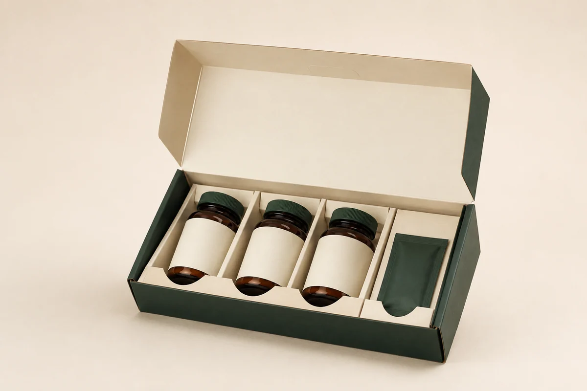 Supplement kit folding carton for bottle-and-sachet sets