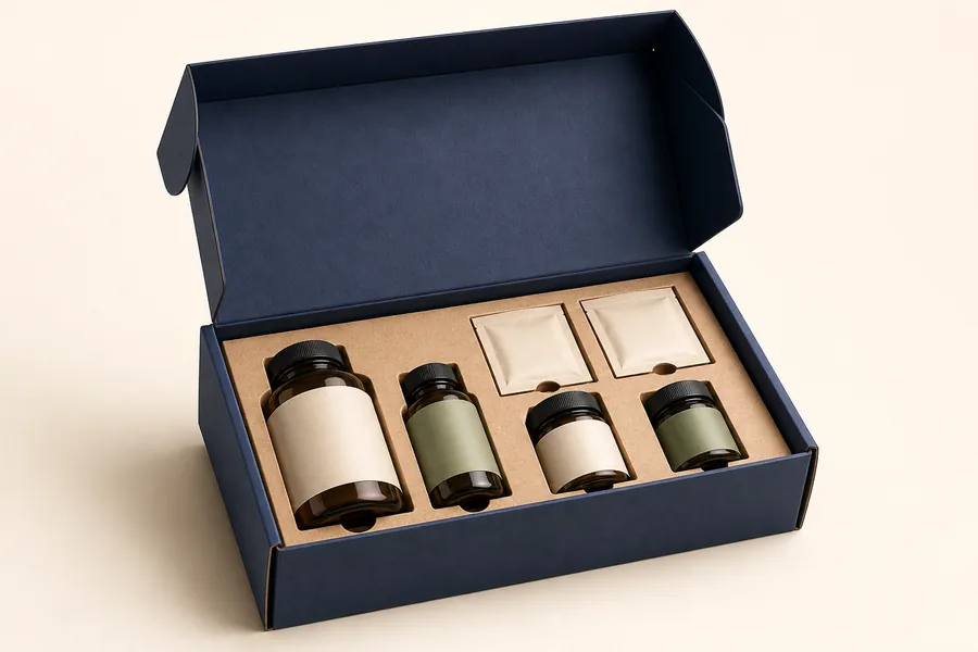 Wellness gift box holding supplement bottles in a fitted paperboard insert