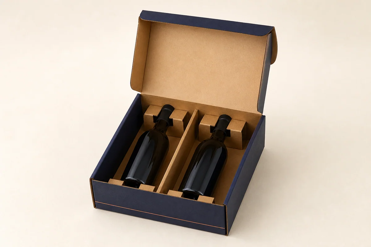 Corrugated two-bottle gift pack for paired bottles and parcel routes