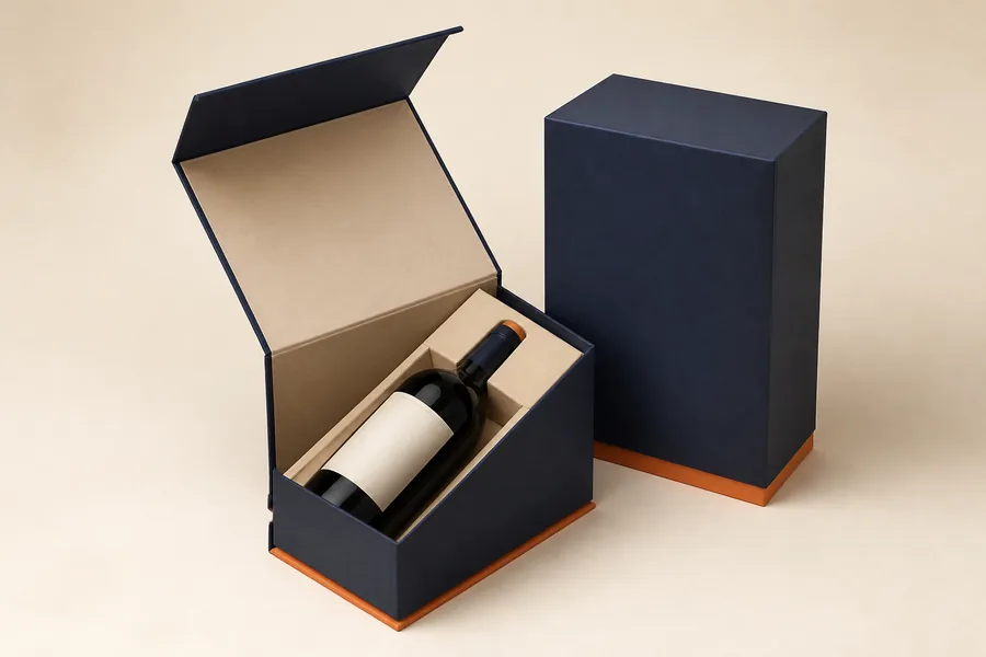 Navy wine gift box with a fitted paperboard bottle insert