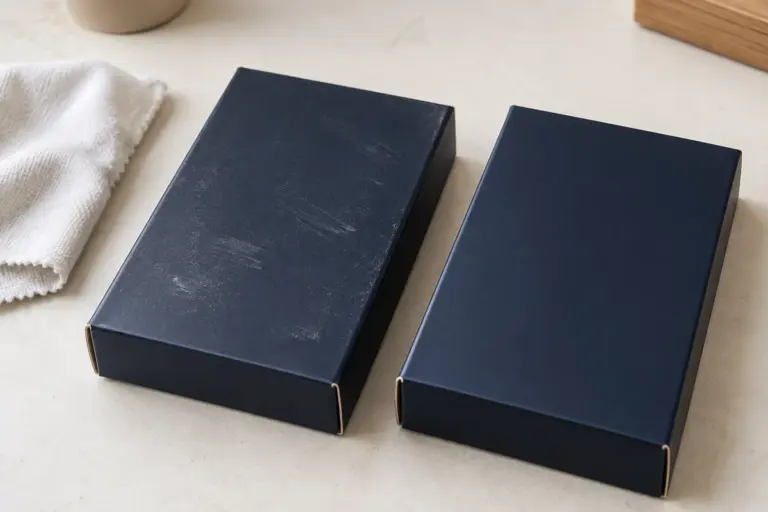 Two navy folding cartons, one with visible surface scuffs and one unmarked, beside a white cloth.