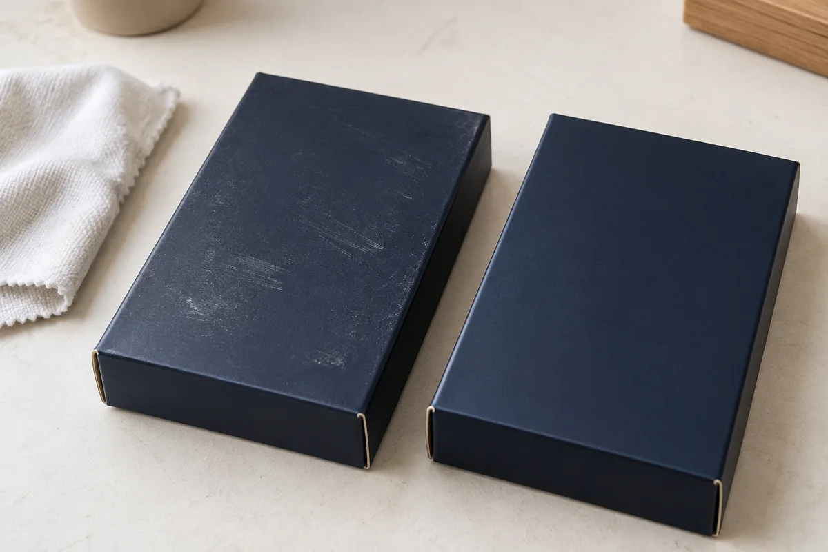 Two navy folding cartons, one with visible surface scuffs and one unmarked, beside a white cloth.