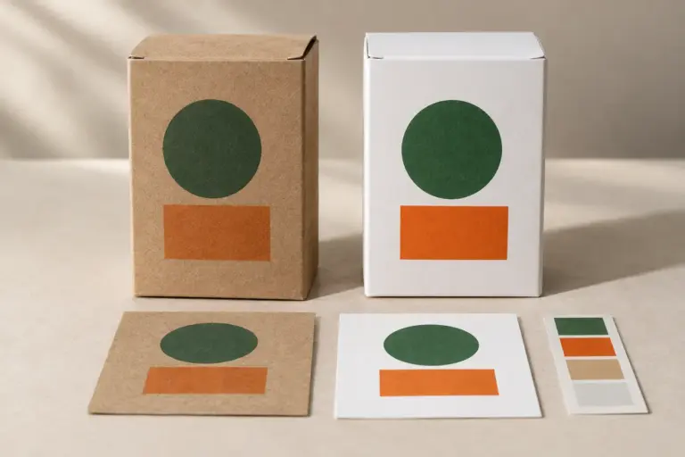 Kraft and white cartons with green and orange artwork, matching flat swatches and a small color strip.