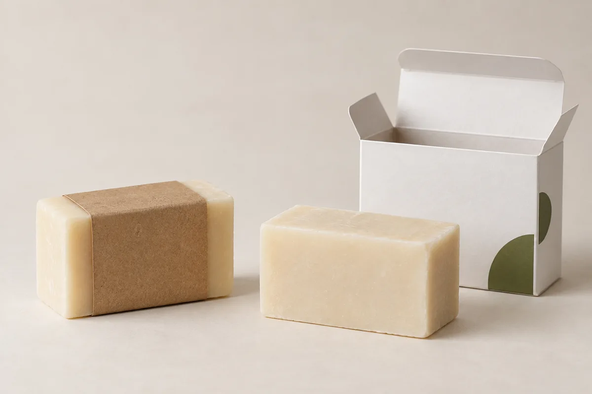 Two soap bars, one wrapped in a kraft paper band, beside an open white folding carton.