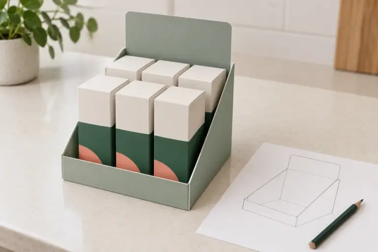 Illustration of six retail cartons in two rows of three inside an open-front countertop display tray.