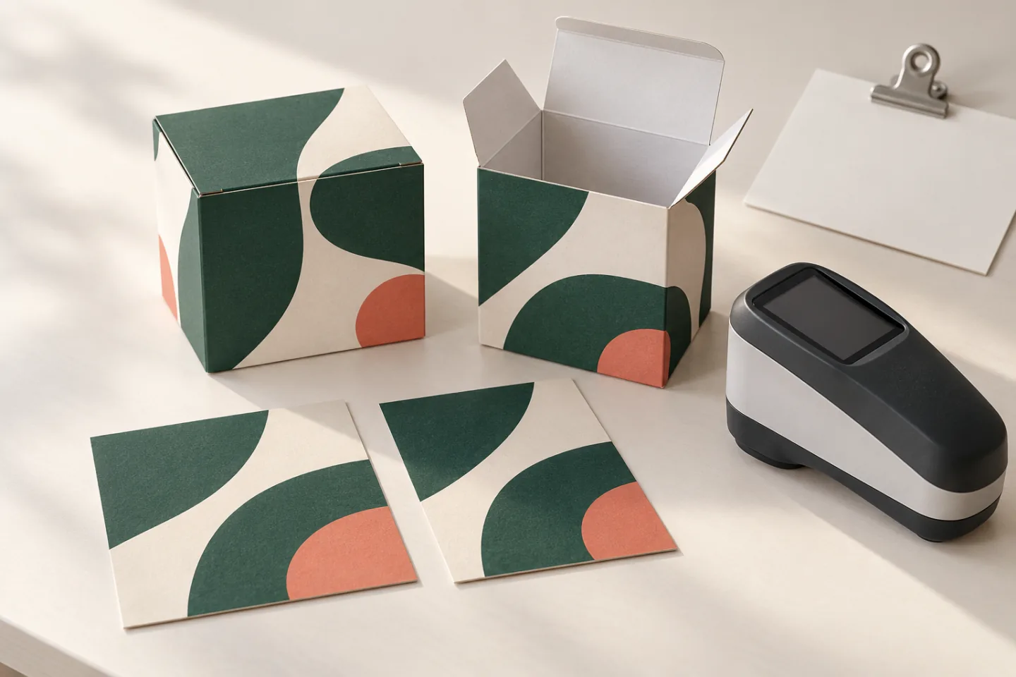 Illustration of printed folding cartons and paperboard swatches arranged for a color-reference review.