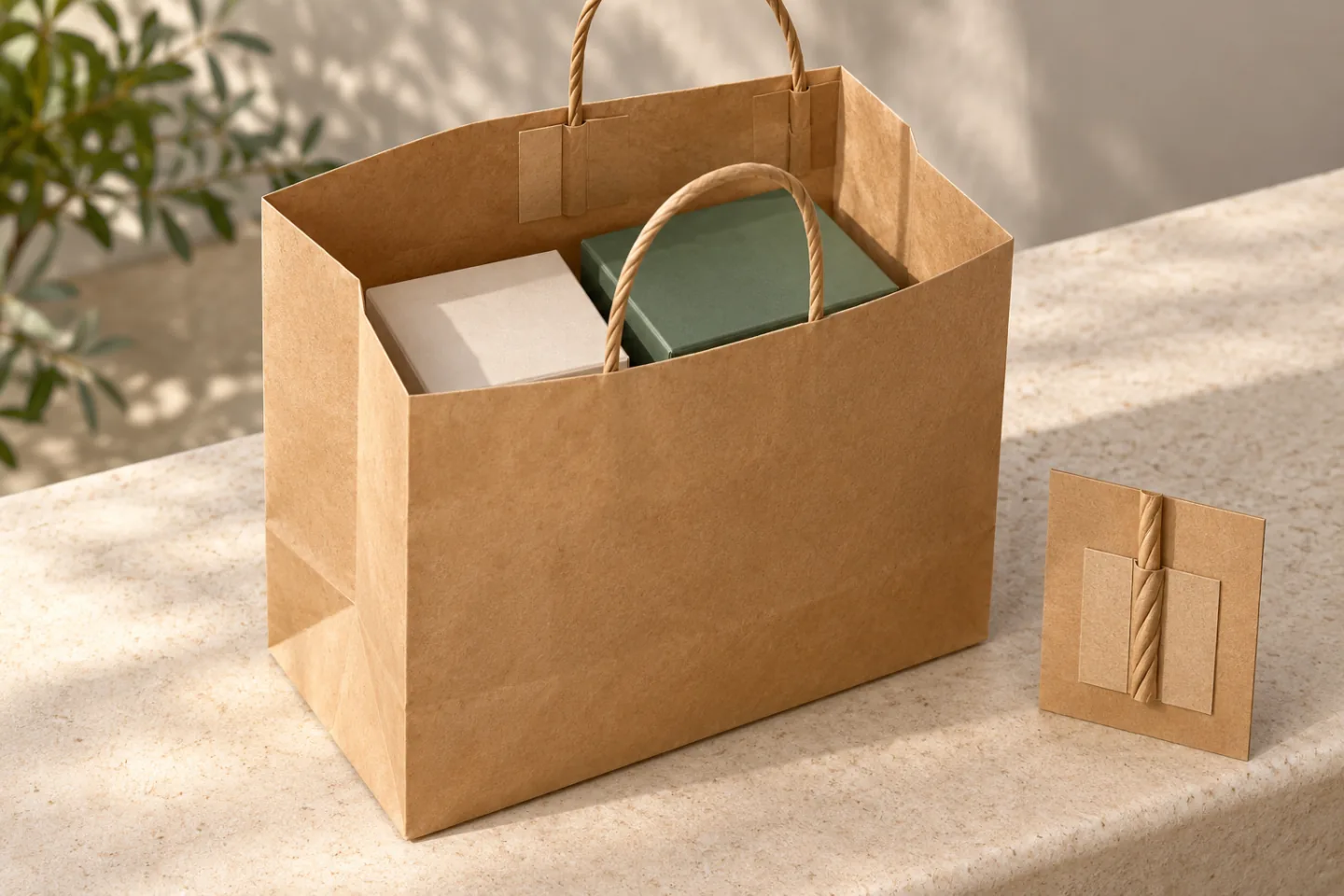 Illustration of a kraft shopping bag, retail cartons and a separate reinforced paper-handle attachment sample.
