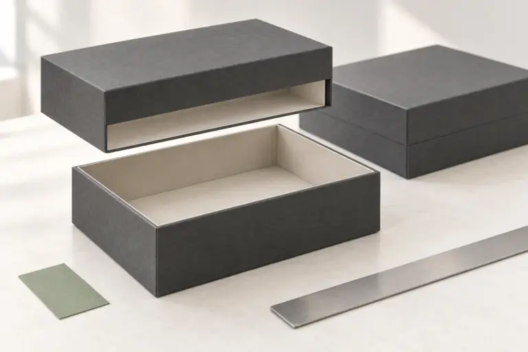 Illustration of a separate rigid-box lid aligned above its base, showing the wrapped rim and interior.